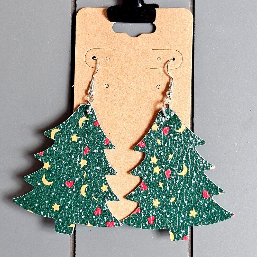 Christmas Tree Earrings Faux Leather Green Dangle Holiday Gift Lightweight 3"